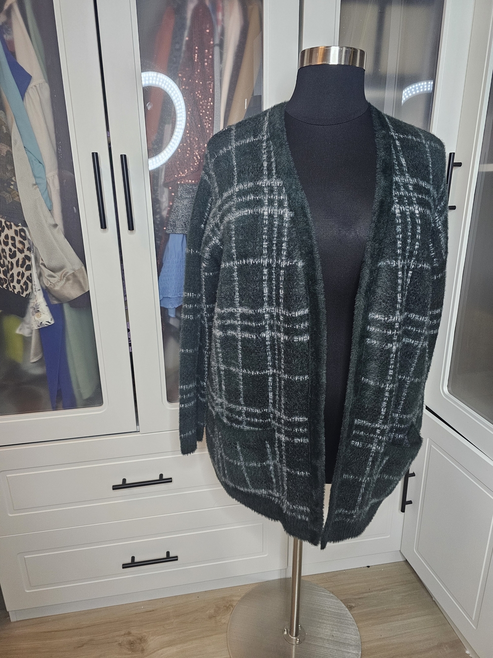 1.STATE Dark Green Tartan Open Front Fuzzy Knit Sweater